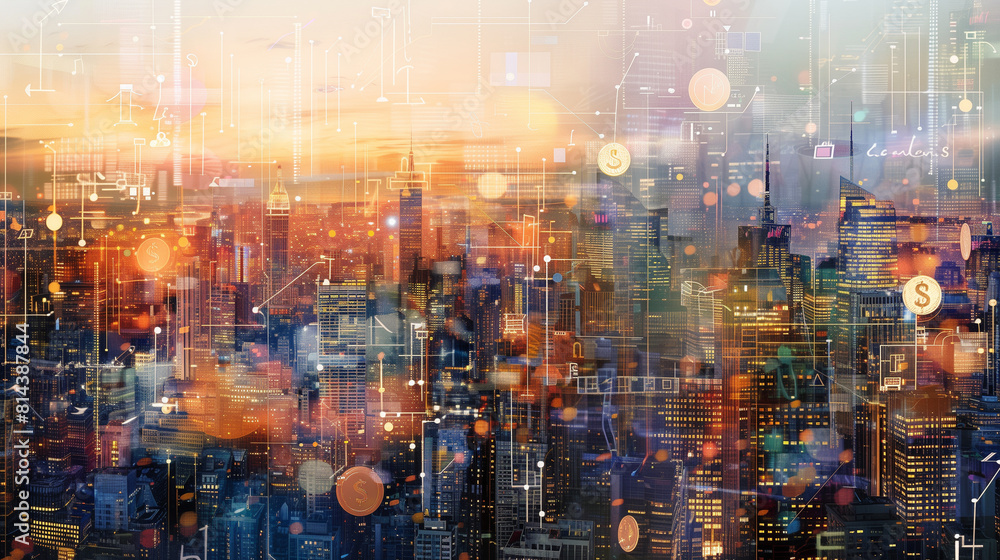 Abstract Urban Overlay with Financial Icons