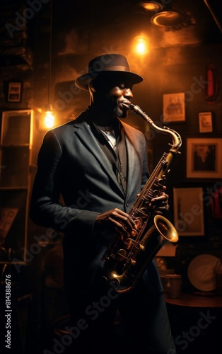 Saxophone player standing in spotlight in dark New York smokey bar 