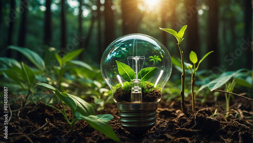 a light bulb with a plant inside of it sitting in the middle of a field of green grass and dirt. environment growth plant  light bulb with Generative AI 