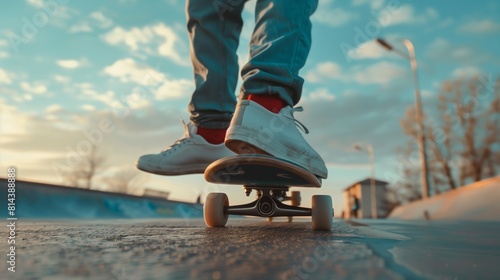 Close up on legs and skateboard of man skating in city. Stylish skateboarder training in skate park. Concept of skateboarding as sport and lifest photo