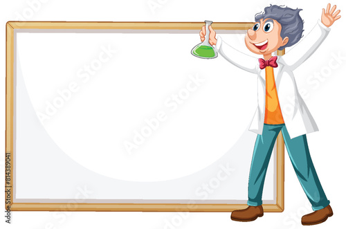 Cartoon scientist with flask by a blank board