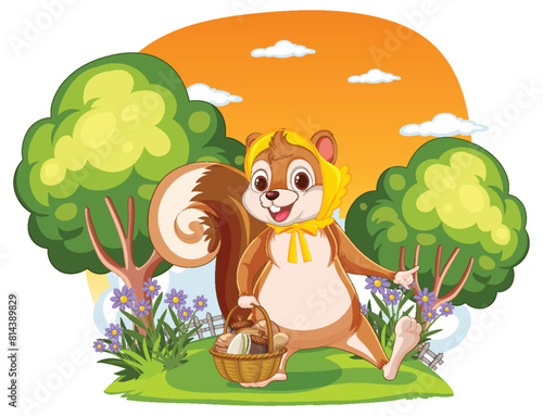 Cartoon squirrel with a basket in a vibrant garden