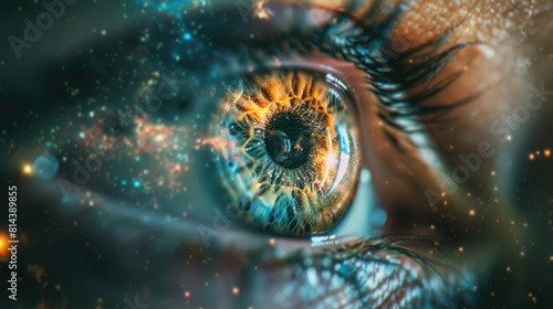 Close-Up of Human Eye Featuring Galaxy in Iris