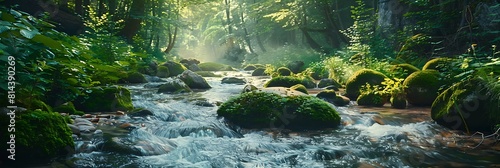 Mountain river with green stones with moss in the forest in summer realistic nature and landscape #814390269