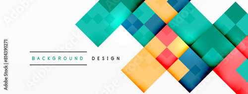 A vibrant pattern of azure, electric blue, magenta, and aqua rectangles and triangles on a white background, creating a colorful flooring design