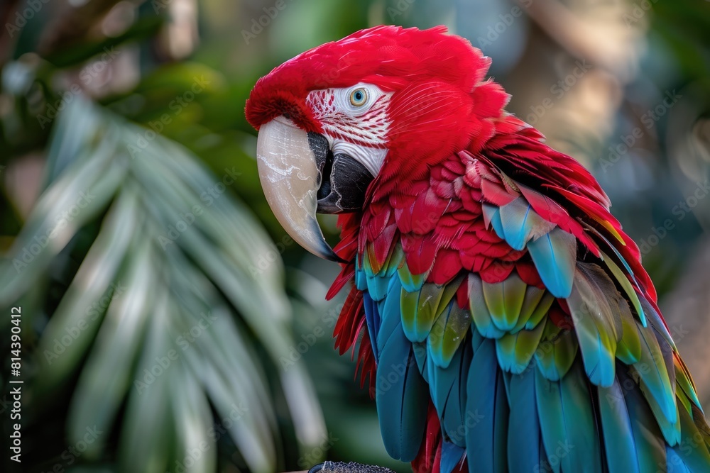 Obraz premium Red Macaw Peroquet bird with colorful feathers and beak in a zoo