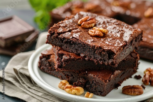 Delicious Zucchini Brownies with Walnuts and Cream. A Rich and Decadent Sweet Dessert on Plate