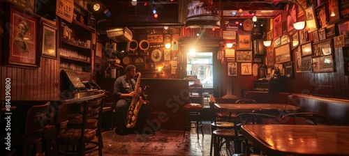 Saxaphone player sits on small stage in seedy New York bar
 photo