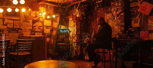 Saxaphone player sits on small stage in seedy New York bar
