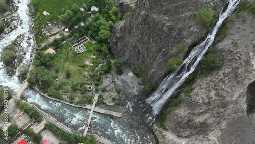 High drone flight over mantoka waterfall in skardu  photo