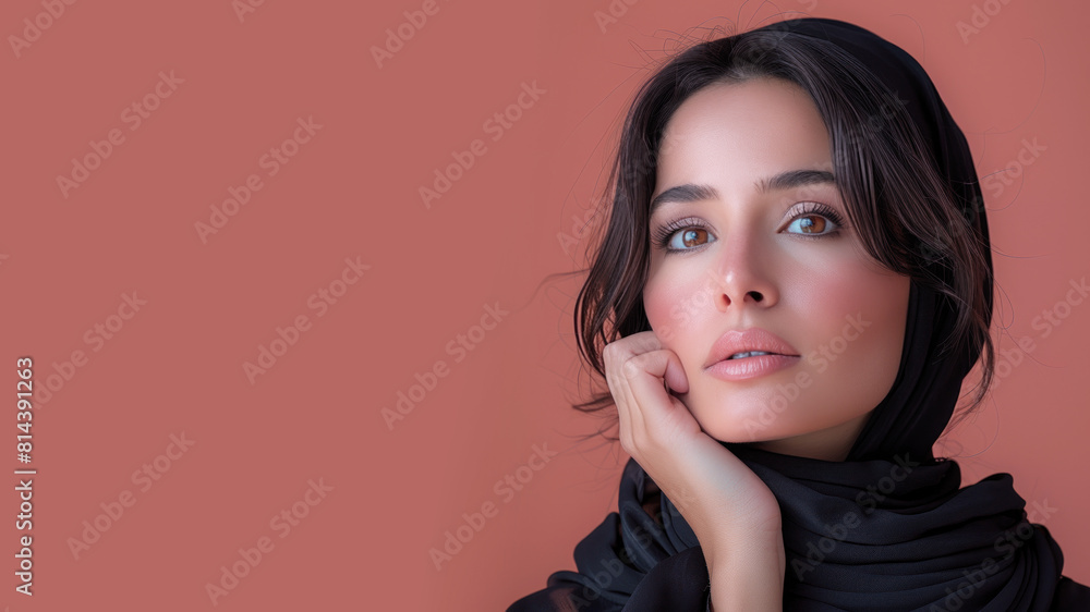 Arabian woman in doubtful face to choose option, thinking decision making Arabian woman in doubtful face to choose option, thinking decision making
