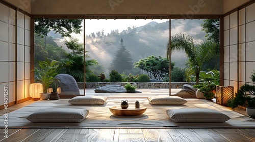A state-of-the-art Contemporary Zen living room display showing a harmonious blend of modern and traditional elements, rendered hyperrealistically with detailed visuals.