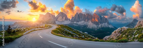 Mountain road at colorful sunset in summer, Dolomites, Italy, Beautiful curved roadway, rocks, stones, blue sky with clouds, Landscape with empty highway through the mountain pass in spring, Travel