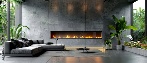 Cozy minimalist living room with an integrated bio-ethanol fireplace in a concrete accent wall, complemented by monochrome furniture and subtle greenery,