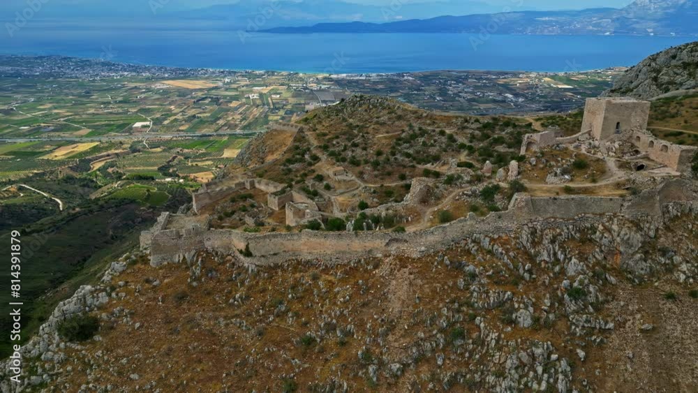 Old fortress fortification of Acrocorinth from above, ancient Corinth, Greece Old fortress fortification of Acrocorinth from above, ancient Corinth, Greece