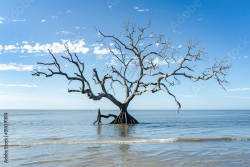 Boneyard Beach Landscape  Dead Tree in the Blue Ocean Water of Bulls Island  South Carolina
