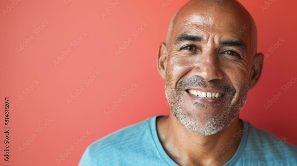 A man with a shaved head is smiling, cancer patient with chemotherapy A man with a shaved head is smiling, cancer patient with chemotherapy