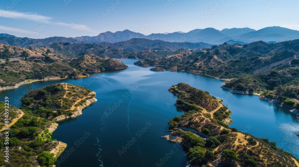 Obraz premium Aerial View of Beautiful Westlake Village Landscape with Mountains and Nature - Drone Shot Over Las