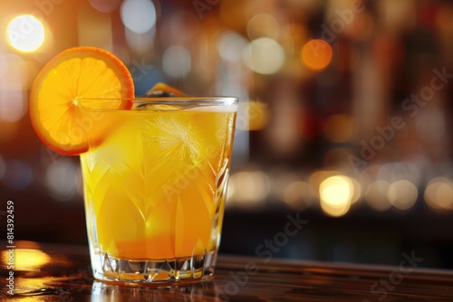 Penicillin Cocktail with Fresh Orange Slice and Ice Cubes. Alcoholic Drink for Celebration at Bar photo