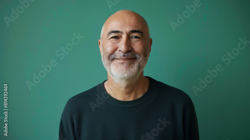 A man with a shaved head is smiling, cancer patient with chemotherapy