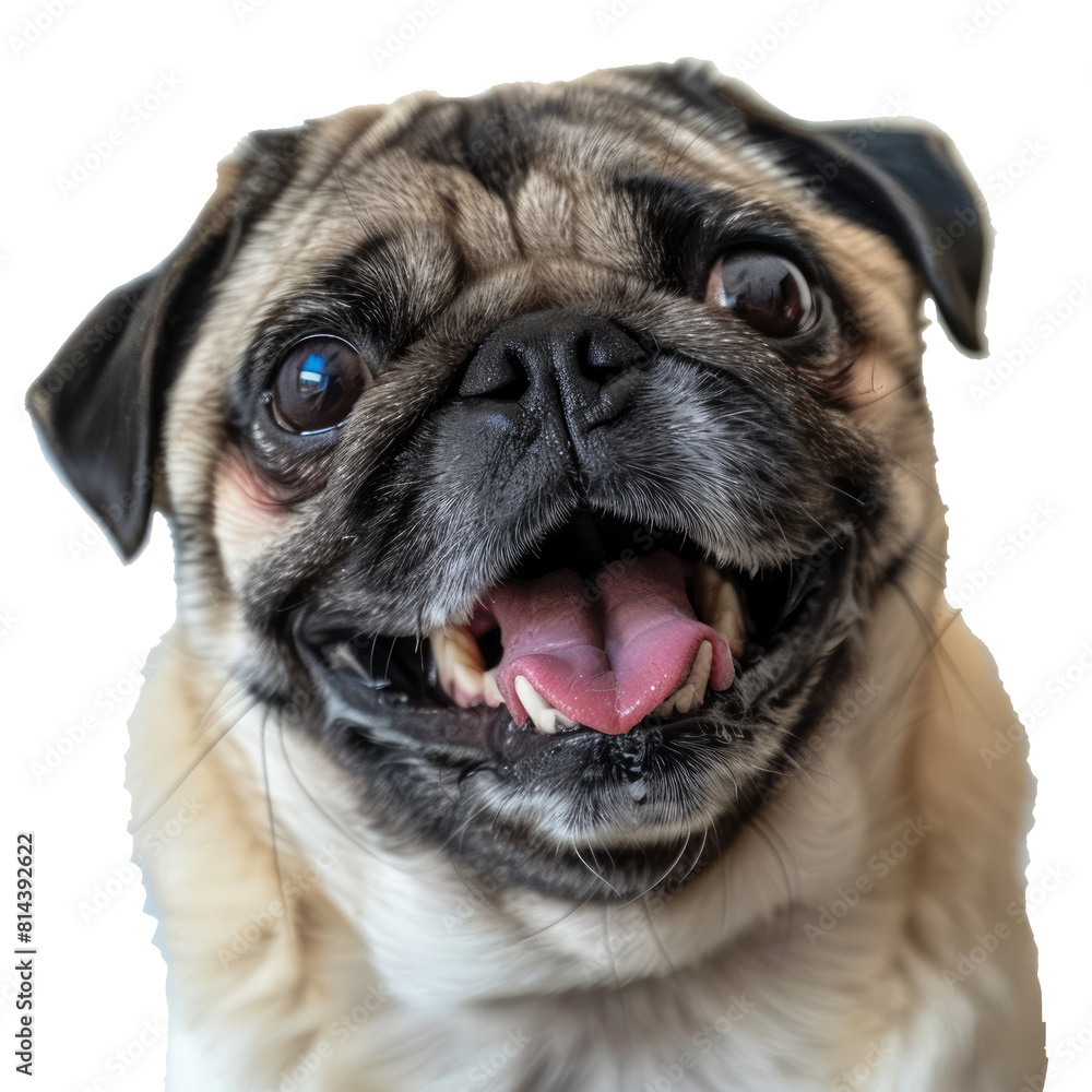 A smiling pug in a webcam photo, exuding happiness against a transparent background, showcasing its cute and adorable features. AI generative. PNG file.