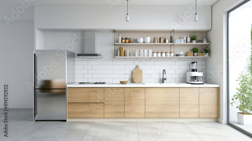 Compact urban kitchen in minimalist style with modern fixtures  white backsplash  and efficient storage solutions 
