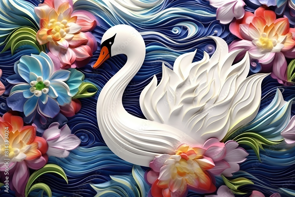 Fototapeta premium a painting of a swan with flowers and a swan.