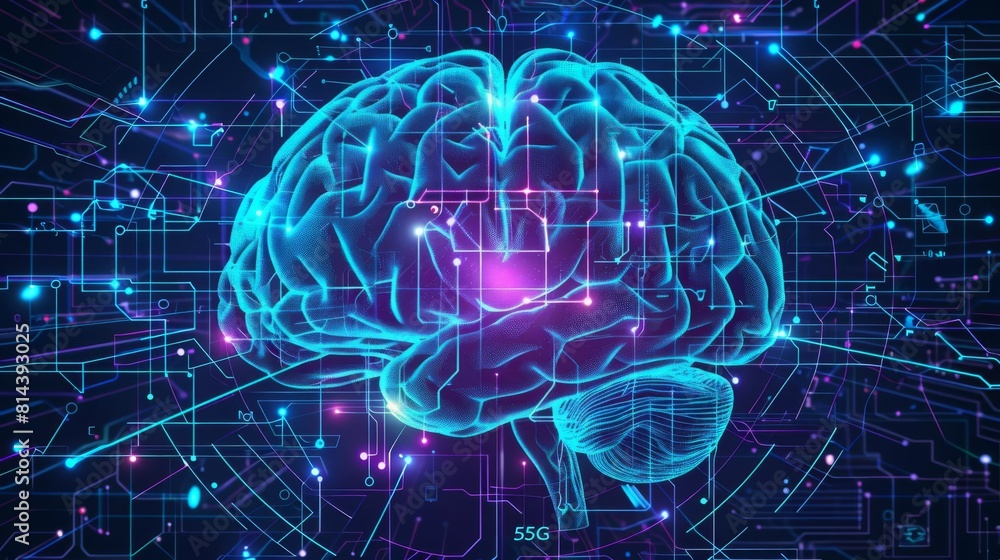 The image shows a glowing blue brain with a glowing pink center. The brain is surrounded by a network of blue and purple lines. The image is set on a black background. The image shows a glowing blue brain with a glowing pink center. The brain is surrounded by a network of blue and purple lines. The image is set on a black background.
