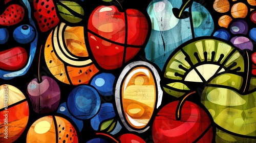 abstract colorful background with different fruits and berries in grunge style © Christiankhs
