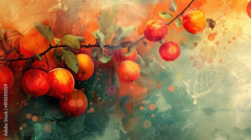 Autumn background with peaches and leaves. Copy space for your text. © Christiankhs