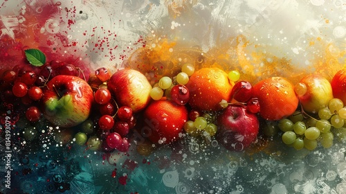 Fruit background with apples, grapes, oranges, cherries and water drops © Christiankhs