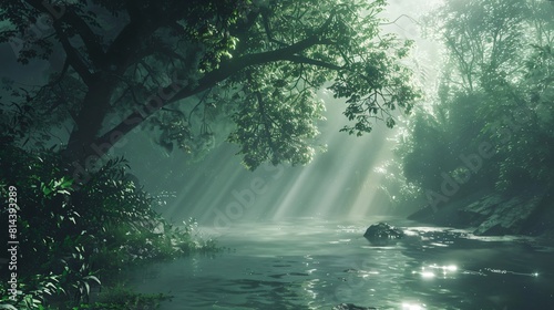 a forest with green trees and river in the middle of the forest  with sunlight