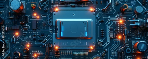 The image shows a close-up of a computer circuit board with a glowing blue light.