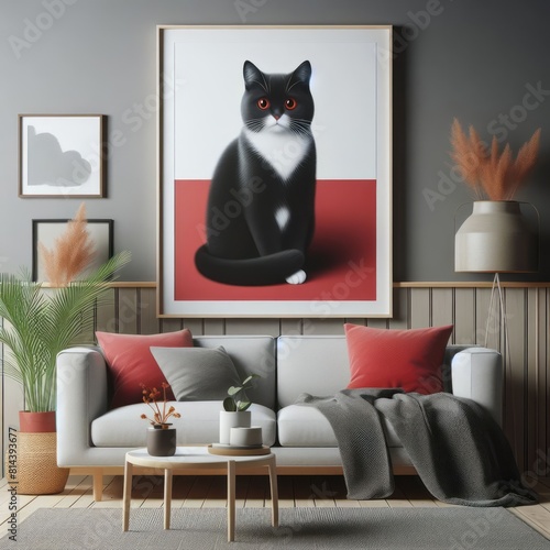 A living room with a template mockup poster and with a couch and a picture of a cat image attractive harmony. © ALAN