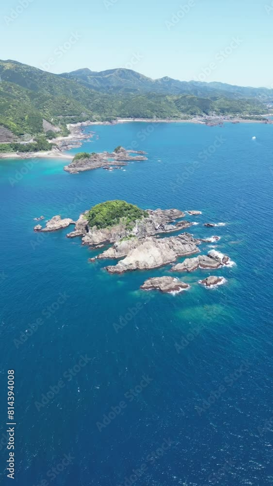 Aerial video of rock formations that make Karekinada beach a photogenic spot on the beach. Japan Aerial video of rock formations that make Karekinada beach a photogenic spot on the beach. Japan