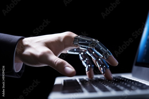 Close-up of robot and human hands touching screen of large computer monitor display