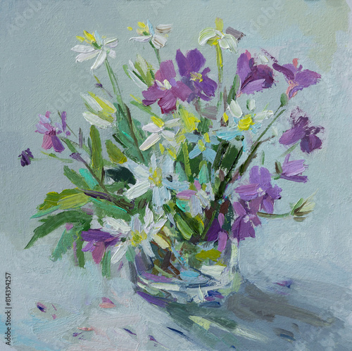 Summer flowers vase oil painting. Artistic floral background. Beautiful illustration of white and purple flowers on the table. Original oil painting. Modern art, a hand-drawn painting. Impressionism