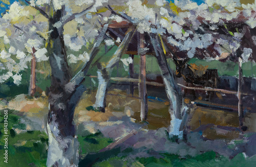 Blooming cherry trees oil painting. A garden on a farm with animals. Artistic natural background. The concept of travel. Original oil painting. Modern art, a hand-drawn painting. Impressionism