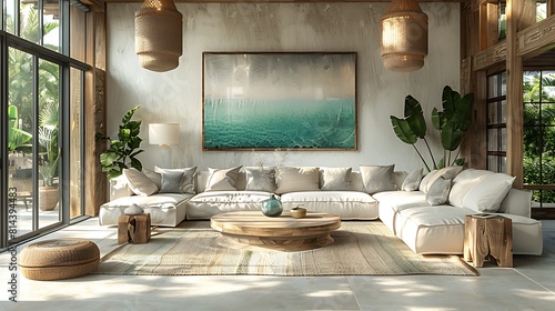 Advanced coastal living room setup displaying a minimalist approach with accents of sea glass and bleached wood, hyperrealistically depicted with sharp graphics and a calming color scheme, no people 