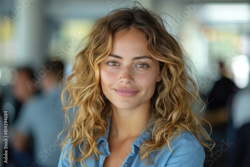 A young and beautiful girl with curly hairs smiling in the camera. Created with Ai