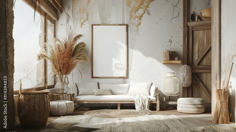 3D Render: Mockup Frame in Nomadic Boho Interior with Rustic Decor 3D Render: Mockup Frame in Nomadic Boho Interior with Rustic Decor