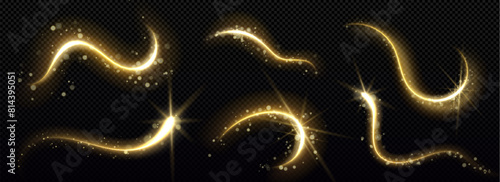 Gold magic star trail with glitter and light dust. Golden particle glow effect on black background. Abstract swirl line with shimmer and sparkle motion element. Festive Christmas confetti and stardust