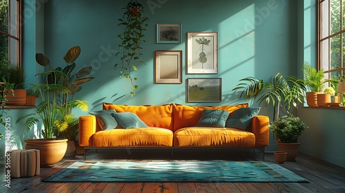 Advanced Mid-Century Modern living room setup displaying a minimalist aesthetic with iconic furnishings and pops of color, hyperrealistically depicted with sharp graphics and a vibrant.