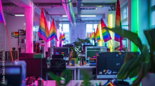 Modern tech office decorated for pride month with employee wearing pride-themed working happily