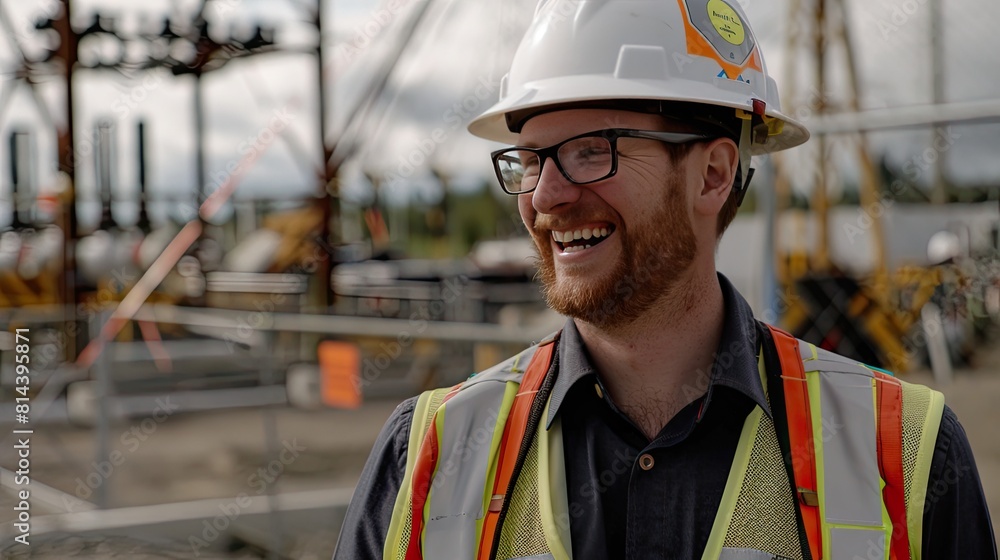 male electrical engineer in a safety helmet, smiling at a power plant male electrical engineer in a safety helmet, smiling at a power plant