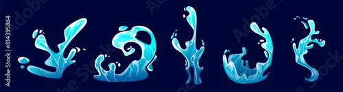 Cartoon water splash. Vector illustration set of sea wave for surf with drop and burst. Blue liquid ripple and spray with falling effect. Swirl fluid spill with foam icon for game ui design.