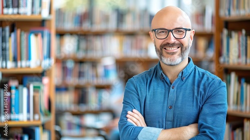 male librarian in glasses, smiling among rows of books in a library setting