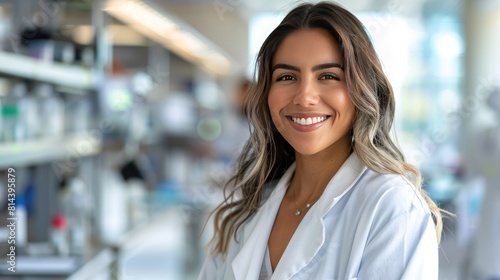 female scientist in a lab coat, smiling in a high tech laboratory setting