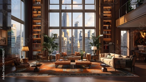 luxury modern architecture design in Manhattan, retro penthouse apartment room interior with stylish vintage furniture, cityscape buildings skyline of New York City background, 3d digital art deco.