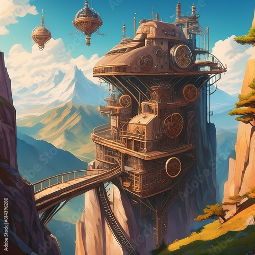 A futuristic steampunk mountain range with mechanical mines  gear-laden structures embedded